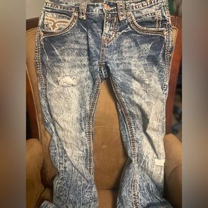 Rock Revival Garrett Straight Leg Embroidered Embellished Acid Dark Wash Jeans